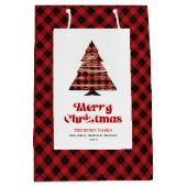 Modern red black plaid Christmas bag editable text Medium Cadeauzakje (Voorkant)