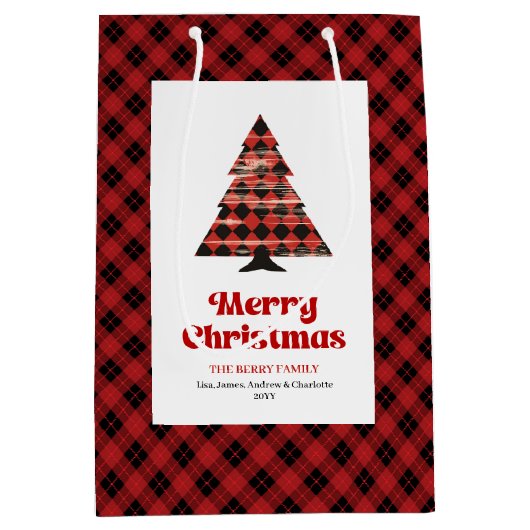 Modern red black plaid Christmas bag editable text Medium Cadeauzakje (Voorkant)