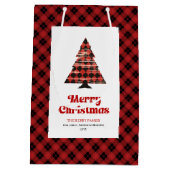 Modern red black plaid Christmas bag editable text Medium Cadeauzakje (Achterkant)