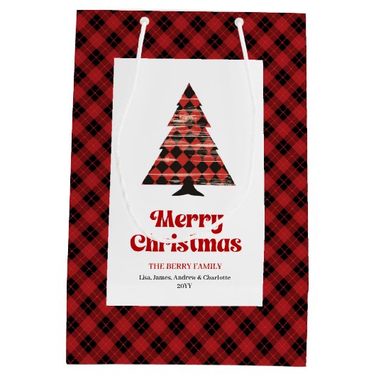 Modern red black plaid Christmas bag editable text Medium Cadeauzakje (Achterkant)