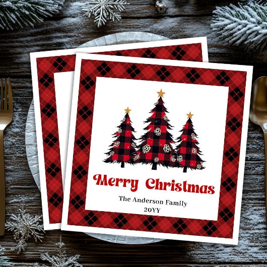 Modern Red Black Plaid Tree Napkin Custom Servet