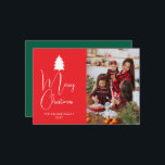 Modern Red Block Signature Merry Christmas Photo Feestdagenkaart<br><div class="desc">Celebrate the season with this bold and modern Christmas design featuring a vibrant red color block and elegant signature typography. The clean minimalist layout perfectly frames your family photo,  creating a sophisticated and joyful greeting for all your loved ones.</div>