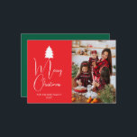 Modern Red Block Signature Merry Christmas Photo Feestdagenkaart<br><div class="desc">Celebrate the season with this bold and modern Christmas design featuring a vibrant red color block and elegant signature typography. The clean minimalist layout perfectly frames your family photo,  creating a sophisticated and joyful greeting for all your loved ones.</div>