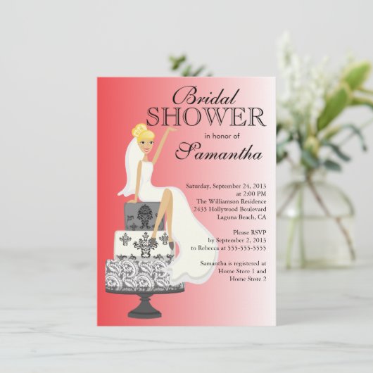 Modern Red Blonde Bridal Shower Kaart (Staand voorkant)