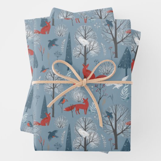Modern Red Blue Nordic Winter Foxes Birds Pattern Inpakpapier Vel (In situ)