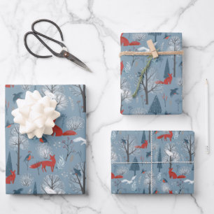 Modern Red Blue Nordic Winter Foxes Birds Pattern Inpakpapier Vel