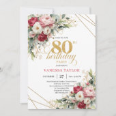 Modern Red Blush Greenery 80th Birthday Invite Kaart (Voorkant)