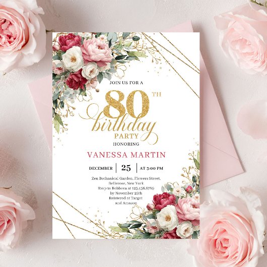 Modern Red Blush Greenery 80th Birthday Invite Kaart