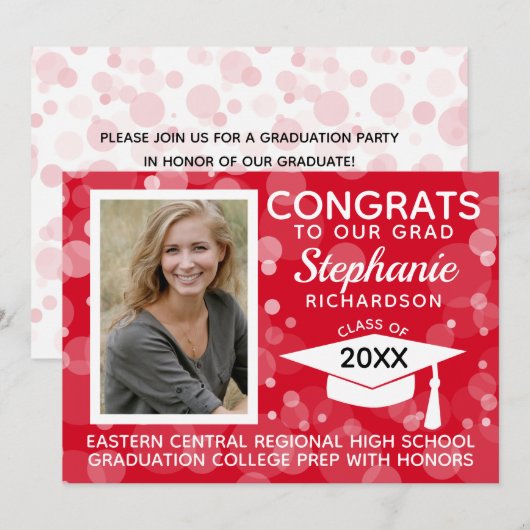 Modern Red Bokeh Bubbles Photo Afstuderen Kaart (Voorkant / Achterkant)