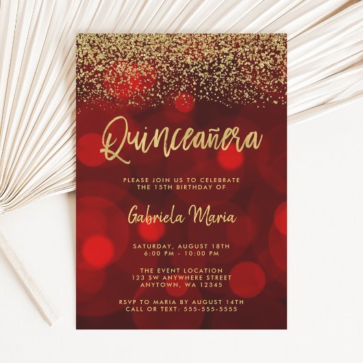 Modern Red Bokeh Gold Glitter Quinceanera Kaart