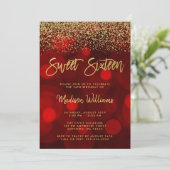 Modern Red Bokeh Gold Glitter Sweet 16 Kaart (Staand voorkant)