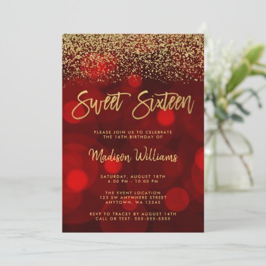 Modern Red Bokeh Gold Glitter Sweet 16 Kaart (Staand voorkant)