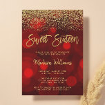 Modern Red Bokeh Gold Glitter Sweet 16 Kaart<br><div class="desc">Deze roodbruine 16 uitnodiging is zeker om indruk te maken! Het ontwerp kenmerkt faux glitter,  de rode bokeh achtergrond en trendy manuscriptdoopvont. Design zijn vlakke afgedrukte illustraties/afbeeldingen - NIET WERKELIJK GLITTER.</div>