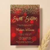 Modern Red Bokeh Gold Glitter Sweet 16 Kaart