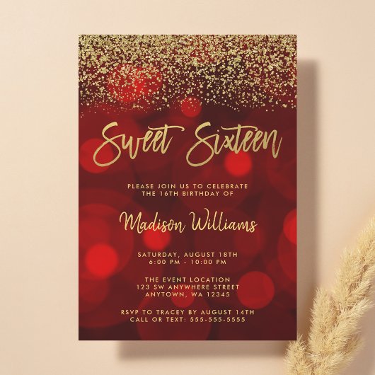 Modern Red Bokeh Gold Glitter Sweet 16 Kaart