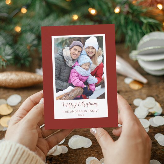 Modern Red Border Family Photo Christmas Card Kaart