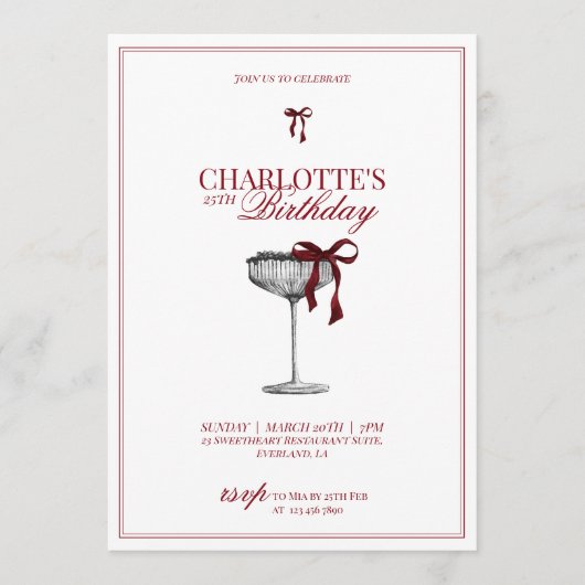 Modern Red Bow Champagne Birthday Invitation Kaart (Voorkant)