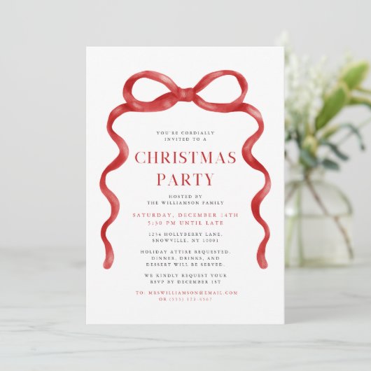 Modern Red Bow kerstfeest Kaart (Staand voorkant)