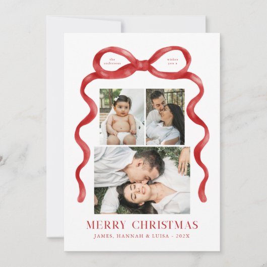 Modern Red Bow Merry Christmas Photo Holiday Card Feestdagenkaart (Voorkant)