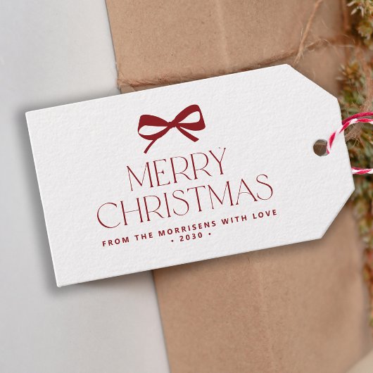 Modern red bow minimalist Merry Christmas Cadeaulabel