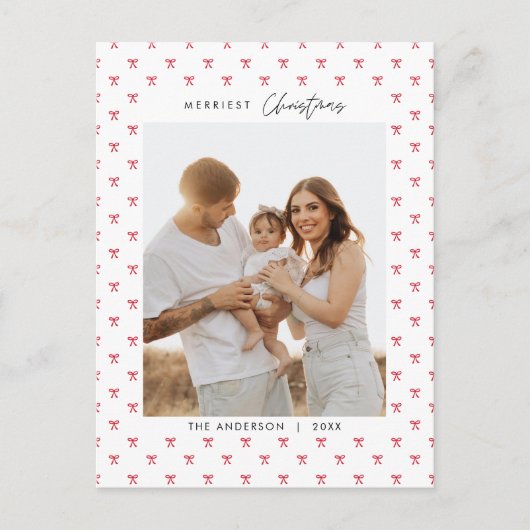 Modern Red Bow Pattern Familie Foto Kerstmis Briefkaart (Voorkant)