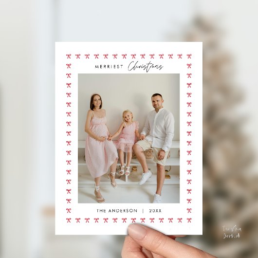 Modern Red Bow Pattern Familie Foto Kerstmis Briefkaart