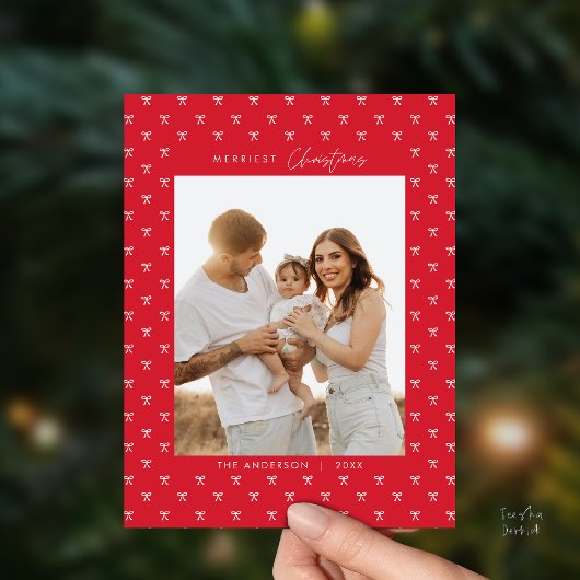 Modern Red Bow Pattern Familie Foto Kerstmis Briefkaart