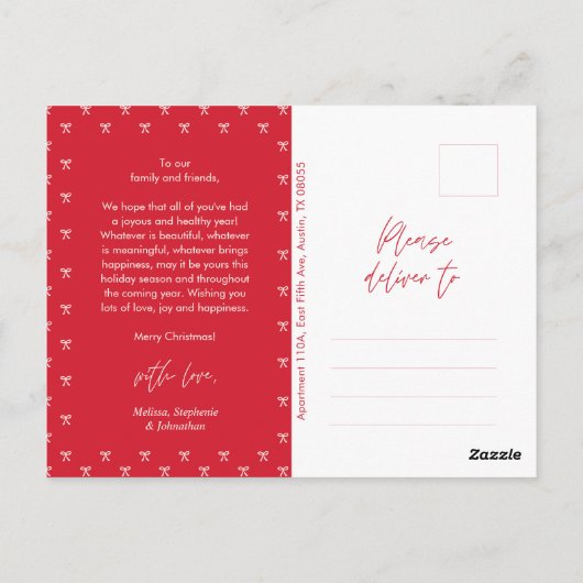 Modern Red Bow Pattern Familie Foto Kerstmis Briefkaart (Achterkant)