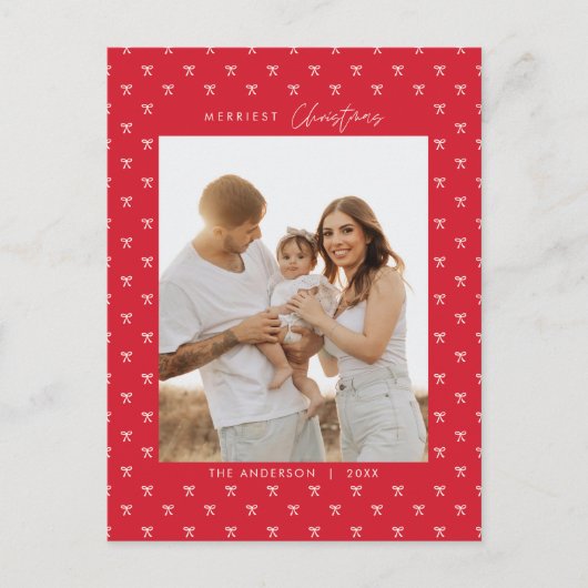 Modern Red Bow Pattern Familie Foto Kerstmis Briefkaart (Voorkant)
