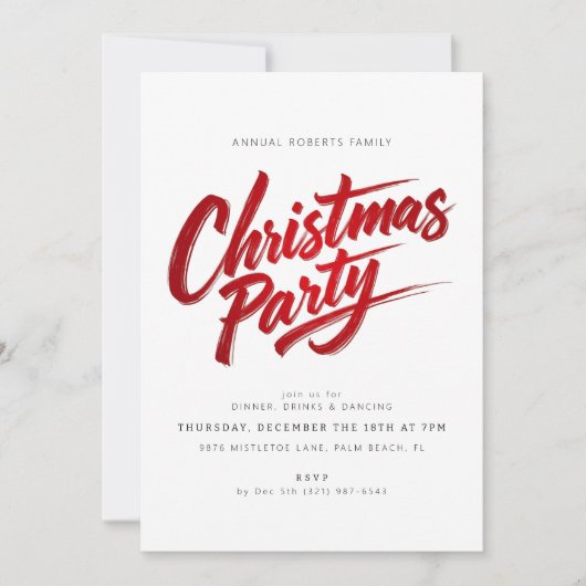 Modern Red Brush Script Kerstfeest Uitnodiging (Voorkant)