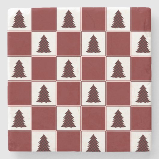 Modern Red Buffalo met kerstboomstructuur Stenen Onderzetter (Voorkant)