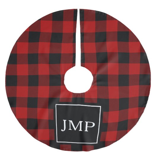 Modern Red Buffalo Plaid Persoonlijk Initiaal Kerstboom Rok (Voorkant)