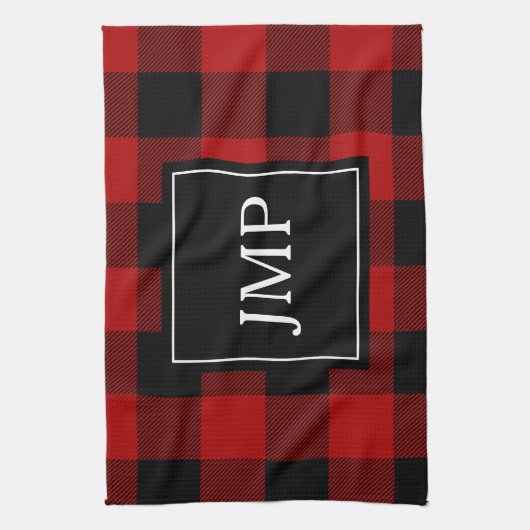 Modern Red Buffalo Plaid Persoonlijk Initiaal Theedoek (Verticaal)
