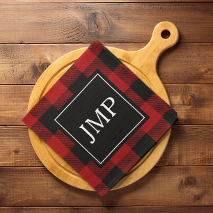 Modern Red Buffalo Plaid Persoonlijk Initiaal Theedoek