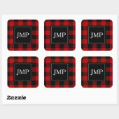 Modern Red Buffalo Plaid Persoonlijk Initiaal Vierkante Sticker (Vel)