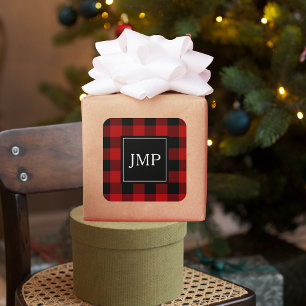 Modern Red Buffalo Plaid Persoonlijk Initiaal Vierkante Sticker
