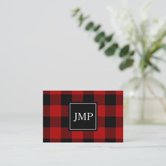 Modern Red Buffalo Plaid Persoonlijk Initiaal Visitekaartje (Staand voorkant)