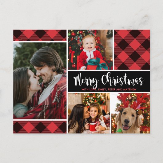 Modern Red Buffalo Pset 4 Kerstmis met fotocollage Briefkaart (Voorkant)