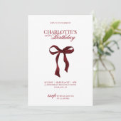 Modern Red Burgundy Bow Birthday Invitation Kaart (Staand voorkant)