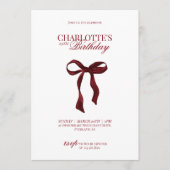 Modern Red Burgundy Bow Birthday Invitation Kaart (Voorkant)