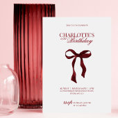 Modern Red Burgundy Bow Birthday Invitation Kaart