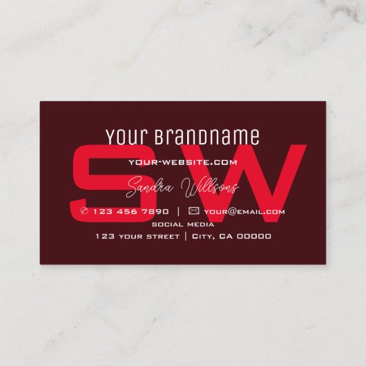 Modern Red Burgundy met monogram en eenvoudig Logo Visitekaartje (Achterkant)