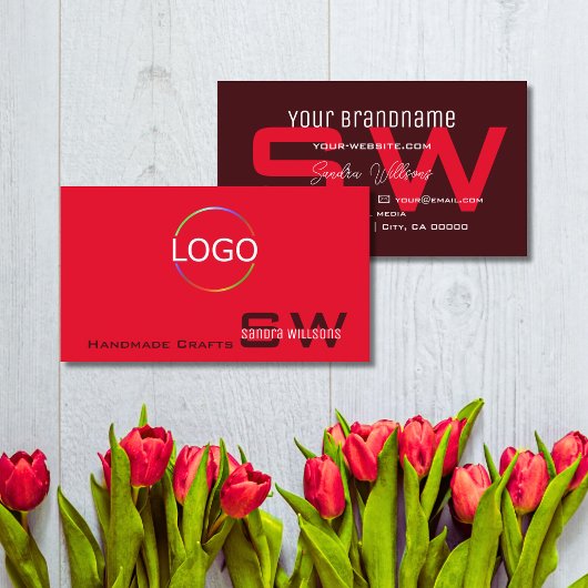 Modern Red Burgundy met monogram en eenvoudig Logo Visitekaartje
