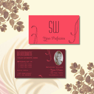 Modern Red Burgundy met Monogram en Foto Visitekaartje