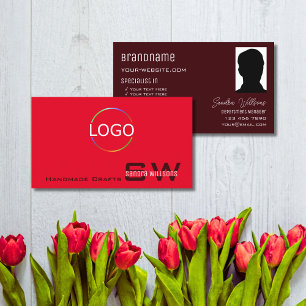 Modern Red Burgundy met Monogram Logo en Foto Visitekaartje