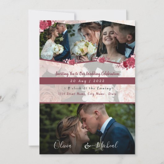 Modern Red Burgundy redt foto-collage op datum 4 Kaart (Voorkant)