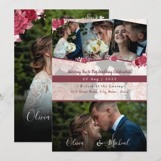 Modern Red Burgundy redt foto-collage op datum 4 Kaart (Voorkant / Achterkant)