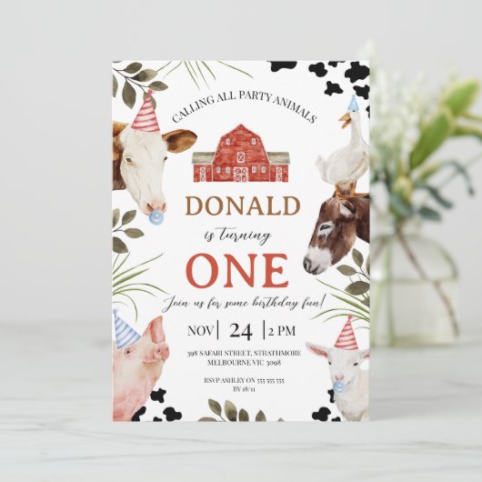 Modern Red Calling All Party Animals Farm Birthday Kaart (Staand voorkant)