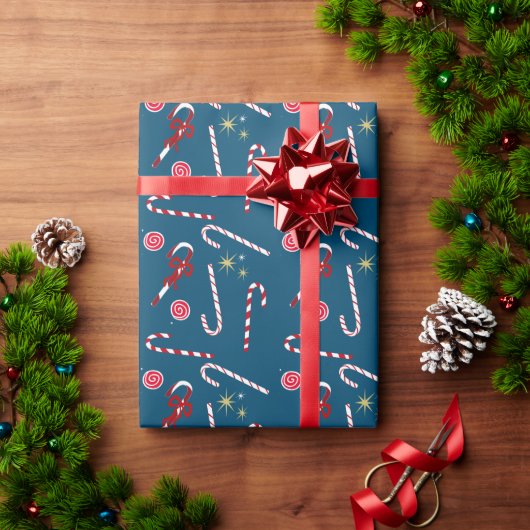 Modern Red Candy Cane Festive Kerstblauw Cadeaupapier (Feestdagen Geschenken)