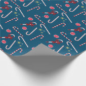 Modern Red Candy Cane Festive Kerstblauw Cadeaupapier (Hoek)